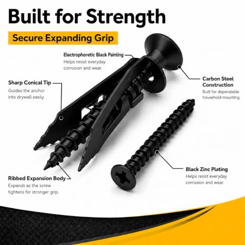 Jyphorixal 150Pcs Self Drilling Drywall Anchors with Screws Kit,Zinc Plated Steel,2 Sizes Expansion Screws and 2 Sizes Wall Anchors, Easy Application No Drill or Holes in Wall.(Electrophoretic Black) - size: Black 150Pcs 2Size kit