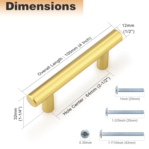 Probrico 5 Pack 2-1/2 inch Center-to-Center Kitchen Cabinet Pulls T Bar Gold Cabinet Handles Modern Drawer Hardware Dresser Pulls, 4 inch Total Length - color: Gold, size: hole center 2-1/2"