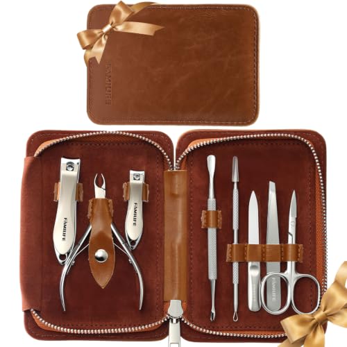 FAMILIFE Stainless Steel Manicure Set 8-in-1 Professional Nail Clipper Kit | Portable Leather Travel Case, Pedicure & Grooming Tools for Fingernails & Toenails, Luxury Gifts Set for Men & Women, Brown - color: Brown-1