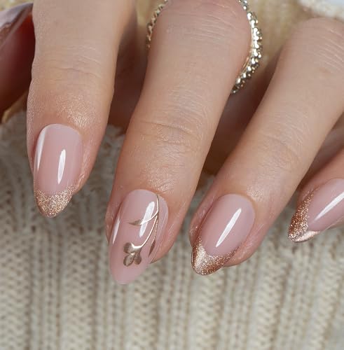 CurvLife Medium Almond Fall Golden Leaf Press On Nails, Gilded Grace Nude - color: A5 - Gilded Grace