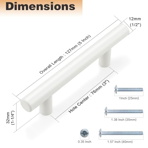 Probrico 5 Pack| White Kitchen Cabinet Pulls 3 Inch Euro Style T Bar Handles Cupboard Stainless Steel Modern Cabinet Hardware - color: White, size: hole center 3"