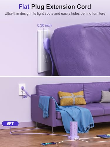 6FT Power Strip Tower Surge Protector, 12 Wide Spaced Outlets, 4 USB - color: Purple, size: 6FT without Wireless Charging