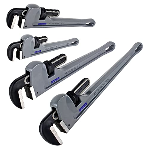 Aluminum Pipe Wrench Set, 10" 14" 18" 24"(4 Pack) Adjustable Straight Handle Plumbing Wrench Set, Heavy Duty Plumbers Tool with Drop Forged Jaw,Exceed the Standard GGG - size: 10,14,18,24-IN, style: Straight