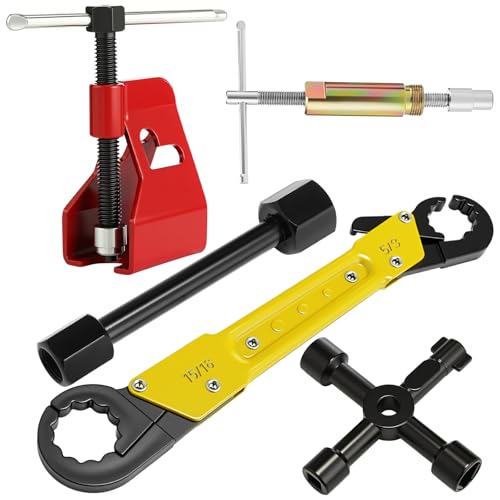 5 Pcs Angle Stop Wrench Kit Plumbing Tool, Compression Sleeve Puller for 1/2" Compression Fitting Ferrule Puller Removal Tool for 1/2" Copper Tubing 4-way Multi-functional Utility Key(Yellow) - color: Yellow