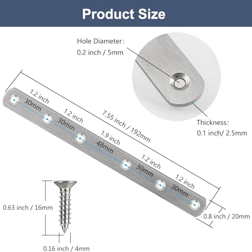 4 Pcs Straight Brackets 8 Inch Flat Brace Stainless Steel Straight Mending Plates for Wood, Heavy Duty Repair Fixing Joining Brackets with Screws - size: 4 PCS-8 inch