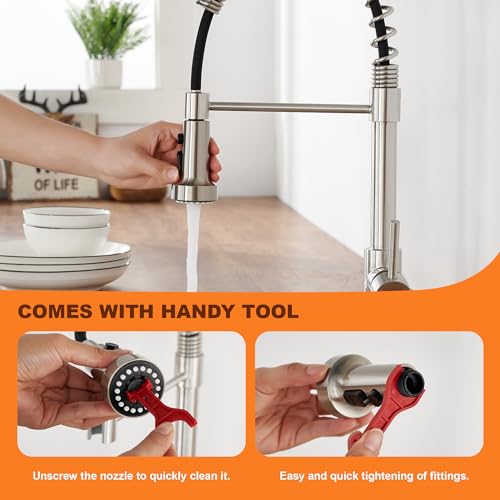 TIORIY with 15 Adapters Pull Down Kitchen Sink Faucet Head Replacement, 3 Functions Plastic Kitchen Sink Sprayer Nozzle Replacement for Kitchen Faucet, Pause Mode (Brushed Nickel) - color: Brushed Nickel, style: Pause