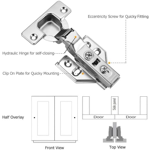4Pcs Soft Close Half Overlay Cabinet Hinges with Clip-On Plate - color: Half Overlay, size: 4 Pieces