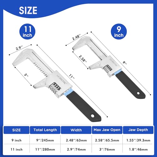 9 & 11" Adjustable Automotive Wrench Set, Wide Jaw Opening up to 3 Inch, Ideal for Versatile Use in Auto, Construction, and Home Repairs