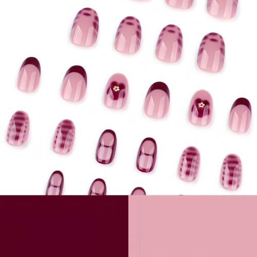 Short Oval Press On Nails, Burgundy Blossom French Tips - color: 40-Ruby Petal Kiss