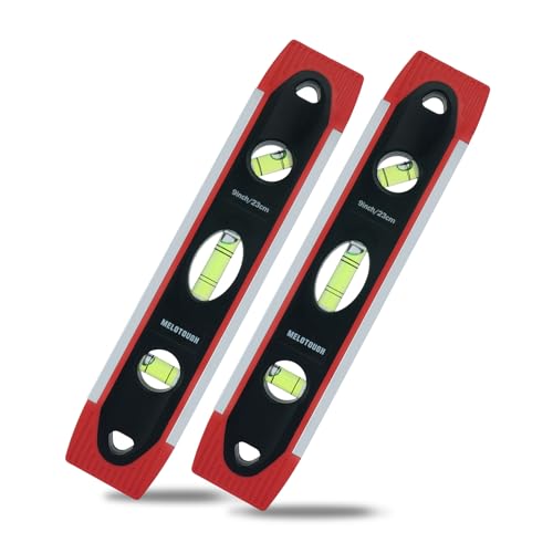 MELOTOUGH 9 Inch Torpedo Level Magnetic,Small Leveler Tool,Spirit Level with 45/90/180 Bubbles,V-Groove,Shock Resistant Leveler,Red(2PCS) - color: Red-2pcs