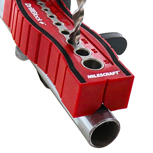 Milescraft 1336 Drill Block Plus- Handheld Drilling Guide, Drilling Jig with Drill Guides for 9 of the Most Common Imperial Drill Bit Sizes, Precision Drilling Tool Accessory