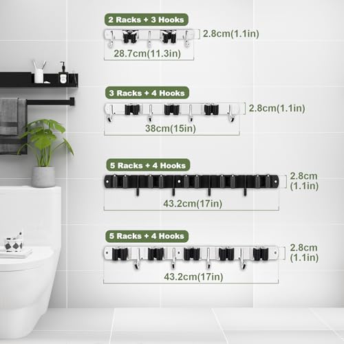 2 Pack Black Broom Holder Wall Mount, 5 Racks 4 Hooks Mop and Broom Holder - color: 5 Racks & 4 Hooks (Black) - 2 Pack