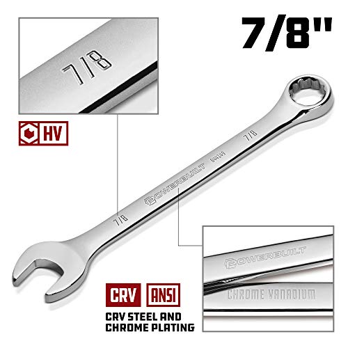 Powerbuilt 7/8-Inch Combination Wrench, SAE 12 Point Double Ended Box and Open End, Polished, 15 Degree Offset - 644149 - size: 7/8"