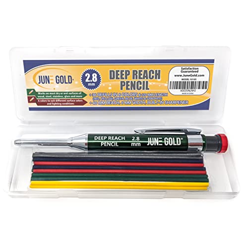 June Gold 2.8 mm Deep Reach Metal Carpenter Pencil, 36 Refills, 6 Colors
