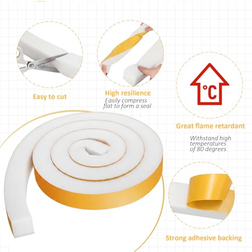 4 Rolls 1-1/2 Inch W x 1-1/2 Inch H Foam Weather Stripping with Adhesive 8 ft Foam Density Closed Cell Tape Seal for Uneven Gaps Doors Windows (White) - color: White
