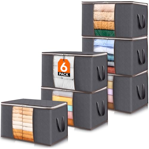 Lifewit 6 Pack Clothes Storage Bins with Lids, Foldable Blanket Storage Bags with Zippers, Clear Window and Reinforced Handles, Closet and Organization for Clothing, Sweater, Comforter, Bedding - size: 60L