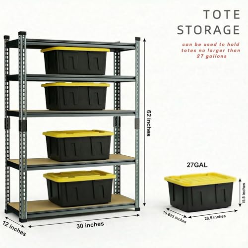 Storage Shelves, 2450LBS Heavy Duty Shelves for Garage Storage, 5-Tier Adjustable Boltless Metal Storage Shelf for Kitchen Warehouse Utility Room, 30" Wx12 Dx62 H, Black - size: 30"Wx12"Dx62"H