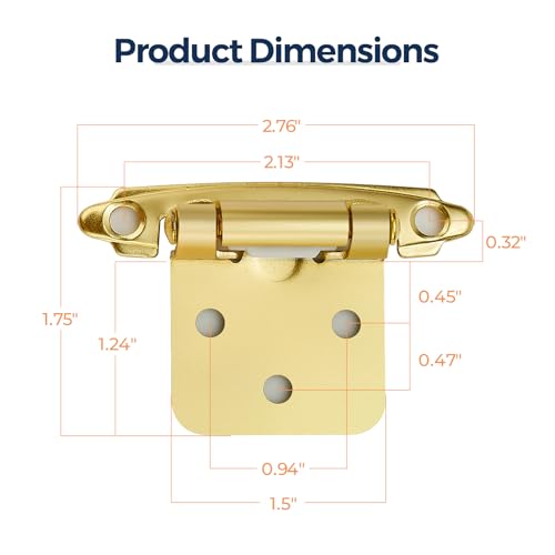 Gold Cabinet Hinges, 1/2 Inch Overlay, 10 Pack(5 Pairs) | Self-Closing Design, Semi-Concealed Face Frame Fit, Surface Mount, For Kitchen Doors, Cabinets, Hardware Updates - color: Gold