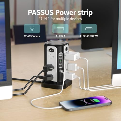 PASSUS Surge Protector Power Strip Tower 10FT with PD18W USB C Port - style: Black White-4A1C