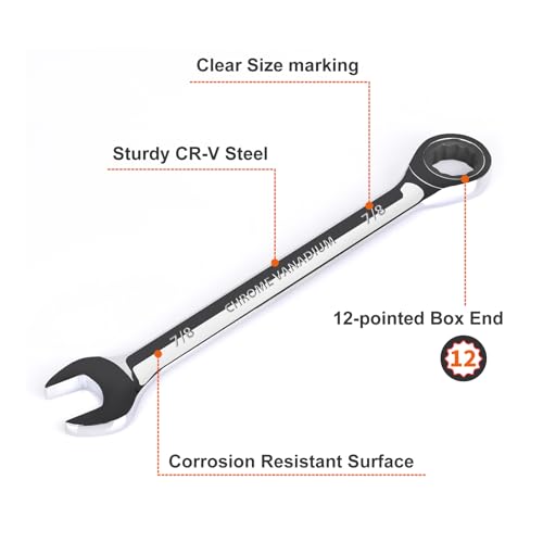 Egofine 7/8 inch Ratcheting Combination Wrench SAE, Industrial Grade Gear Spanner with 12-Point Design, 72-Tooth Ratchet, Chrome Vanadium Steel - size: 7/8"