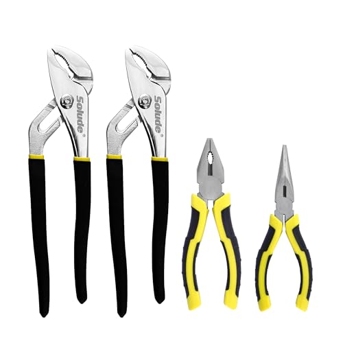 4-Piece Pilers Set with10 Inch Groove Joint Pliers, Adjustable Wrench and 6 Inch Long Nose, Lineman's Pliers for Home Use and DIY Project - style: 4 Pack 6" & 10"