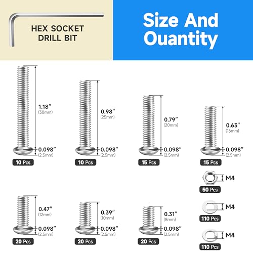 380 Pieces M4 Screw, Button Head Socket Cap Metric Screws Assortment Kit, 304 Stainless Steel Bolts and Washers/Nuts/Hex Wrenches M4*8/10/12/16/20/25/30mm - size: 380Pcs M4