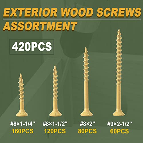 LIONMAX Wood Screws Assortment Kits 4 Size 420PCS, Deck Screws Kits - size: #8+#9 (420pcs)