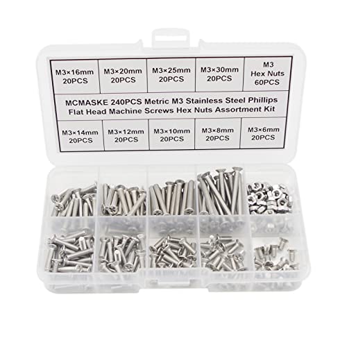 240PCS M3 Stainless Steel Phillips Flat Head Machine Screws Hex Nuts Assortment Kit - size: M3