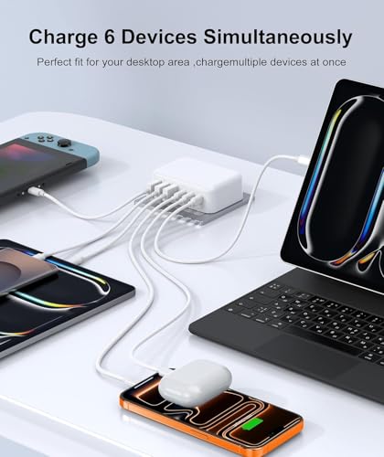 Fast Charger Block, 100W Max Output 6-Port USB C Charging Station Hub Cube - color: White