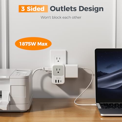 TESSAN USB C Charger Block, Multi Plug Wall Outlet Extender - color: Grey, size: 2 USB-A+1 USB-C+1 USB-C Cable