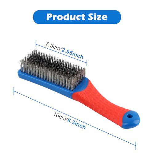 2 Pack Steel Brush for Cleaning-Heavy Duty Stainless Steel Wire Brush for Metal Rust Cleaning, Paint Scrubbing with Rubber Covered Handle