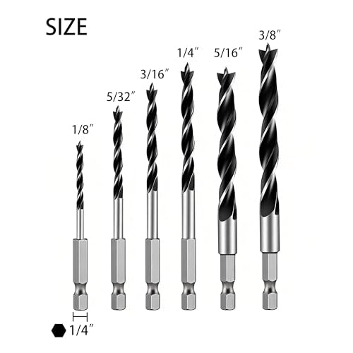 Brad Point Drill Bit Set, 6PCS Wood Drill Bits 1/8"-3/8" with Quick Change Hex Shank - Wood Drill Bit Set Professional for Hardwood, Plywood, Plastic, Ideal for Carpentry, DIY & Woodworking Projects - size: 6pcs