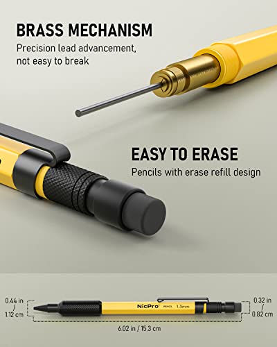 Nicpro 21PCS 1.3 mm Mechanical Pencil Set in Leathercase with 138 Lead - color: Yellow