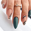 LPOODDNU Almond Press on Nails - Dark Green Medium Fake Nails with Leaf Designs, Glossy Finished Reusable False Nails with Double Adhesive Glue Tabs - 24Pcs Nail Kit for Women Manicure - color: dark green leaf