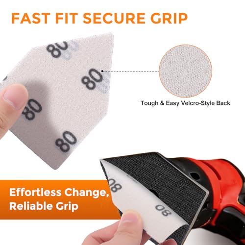 POLIWELL Silicon Carbide Sandpaper 50PCS 90mm x 65mm Triangle Sanding Sheets Hook & Loop 80 Grit Replace Milwaukee M12 Orbital Detail Sander for Wood Finishing, Detail Sanding - size: 80 Grit