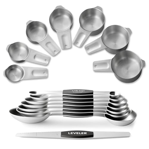 Stainless Steel Measuring Cups & Spoons Set, EWFEN Kitchen Tools Nesting Measuring Cups and Spoons, Fits in Spice Jars for Baking & Cooking, BPA Free, Set of 15 with Leveler, Black - color: Black Spoons
