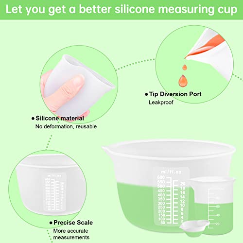 Silicone Measuring Cups Kit for Resin, Epoxy Supplies Set with 600ml, 250ml & 100ml Silicone Cups, Reusable Resin Supplies Cups with Silicone Mat, Stir Sticks, Mixing Cups for Molds Arts, Crafts - size: 600ML+250ML+100ML