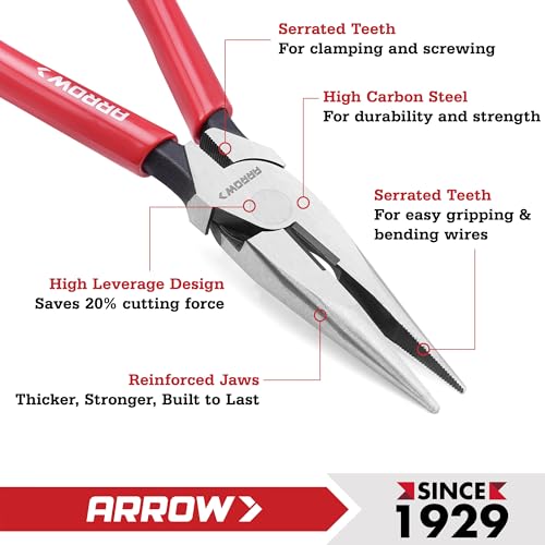 ARROW 8" High Leverage Needle Nose Pliers with Side Cutters, Long Nose Pliers for Gripping, Wire Bending, Cutting (Pack of 2) - size: 8 INCH (Pack of 2)