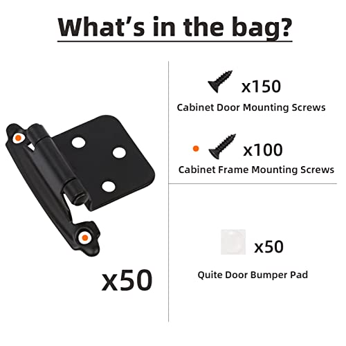 Decobasics 1/2" Overlay Matte Black Cabinet Hinges 50 Pack (25 Pair) Self Closing Bath & Kitchen Cabinet Hinges Black Flush Mount w/Door Bumpers & Upgraded Screws - color: Matte Black, size: 50 Pack