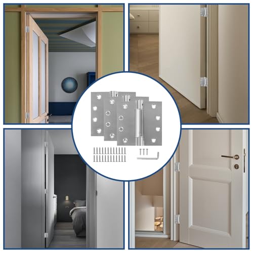 3 Pack Self Closing Door Hinges, 4 Inch Spring Loaded Hinges Adjustable Tension Spring Hinges with Square Corners, Heavy-Duty Door Hardware for Commercial and Residential Doors, Brushed Nickel