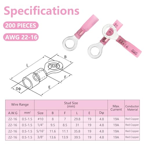 200PCS Heat Shrink Ring Terminals, Marine Grade - size: AWG(22-16)