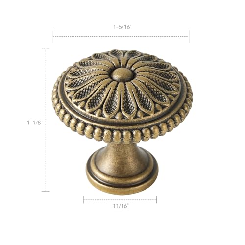 5 Pack | Cabinet Knobs | Solid Brass | 1-5/16 Inch Diameter | Brushed Antique Brass |Classic Cabinet Knobs for Furniture Kitchen ＆ Bathroon Fixture - size: 1-5/16 Inch Knob