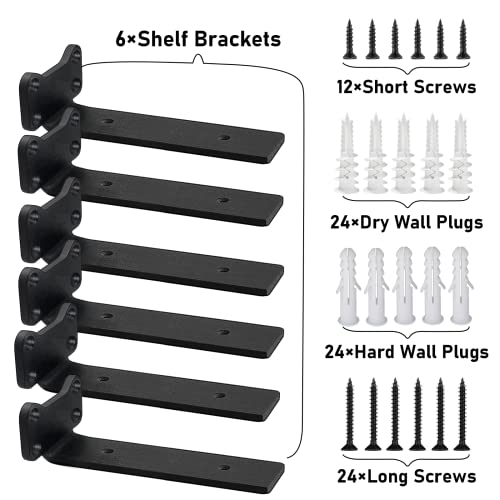 Heavy Duty Shelf Brackets Industrial L Shelf Bracket - 0.2 Inch Thick Premium Solid Steel Shelf Supports, Black Rustic Wall Brackets for Shelves - 7 Inch Floating Shelves Hardware (6 Pack) - size: 7 Inch-6 Pack