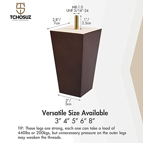 4 inch / 10cm Wooden Furniture Legs, Tchosuz Pack of 4 Mid Century Modern Solid Wood Walnut Pyramid Square DIY Replacement Feet with 5/16" Hanger Bolts & T-Nuts for Sofa Couch Armchair Bed Riser - color: Walnut, size: 4"/10cm