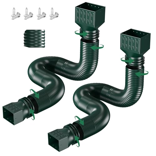 2 Pack Rain Gutter Downspout Extensions, Upgraded Flexible Drain Down Spout Extender for Rain Water Drainage, Each Extendable from 20" to 66", Combine to 10 ft with Connector(Green) - color: 2 Pack Green