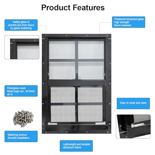 NeatiEase 2 Pack Shed Windows with Black Frame, 24 x 36 Flush Mount Small Window with Tempered Glass and Fiberglass Screen for Shed, Chicken Coop, Playhouse, Household, Garage - color: Black, size: 24"x36"
