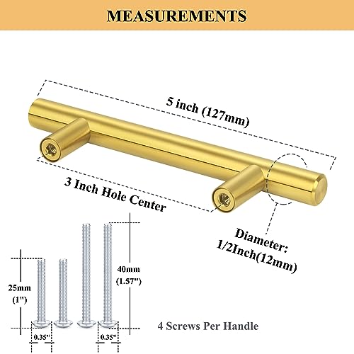Plustool 30Pack 3''Hole Centers Gold Cabinet Handles-Brushed Brass Cabinet Pulls Gold Dresser Drawer Pulls-Stainless Steel Door Hardware for Kitchen Bathroom Bedroom Furniture-5''Overall Length - color: Gold