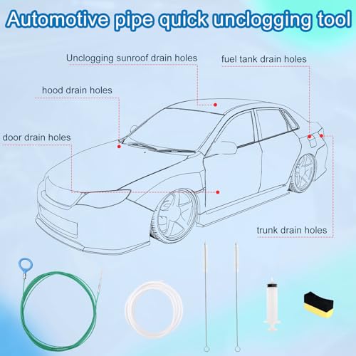 Car Sunroof Drain Cleaning Tool, Extra Long Flexible Wire Cleaner Unclogger with Straight Brush Syringe Leather Hose & Sponge for Auto Sun Roof Cover Windshield AC Line Pipe Detailing