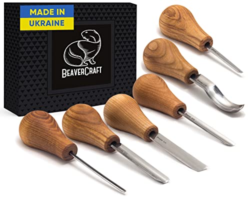 BeaverCraft Wood Carving Gouges Kit SC05 - Wood Carving Chisels Set with Palm Gouge & Flat Straight Chisel, Rounded Short Bent, V-chisels - Whittling Knives, Tools for Beginners and Profi Carvers