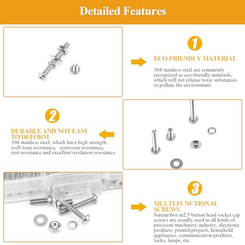 565 Pieces M2.5 Screws Nuts Washers Set, Sutemribor M2.5 x 4/6/8/10/12/16/20mm Button Head Socket Cap Screws Nuts Washers Assortment Kit, 304 Stainless Steel, Fully Threaded - size: M2.5, style: Button Head Socket Cap